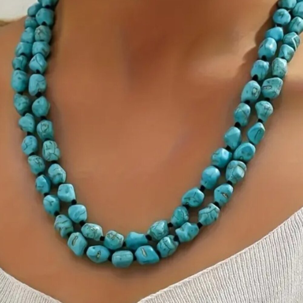 Bohemian Style Long Natural Stone Turquoise Necklace - 47.25 Inches Length - Picture 3 of 4